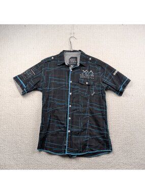 Y2K Oxygen Button Up Shirt Short Sleeve Sz M Grunge Racing Goth Military Cyber